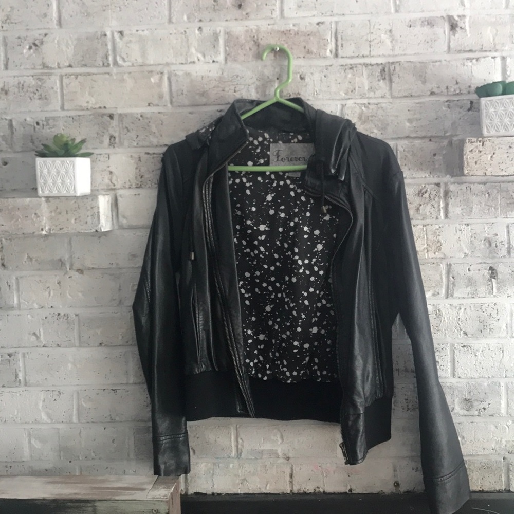 Leather jacket with hood